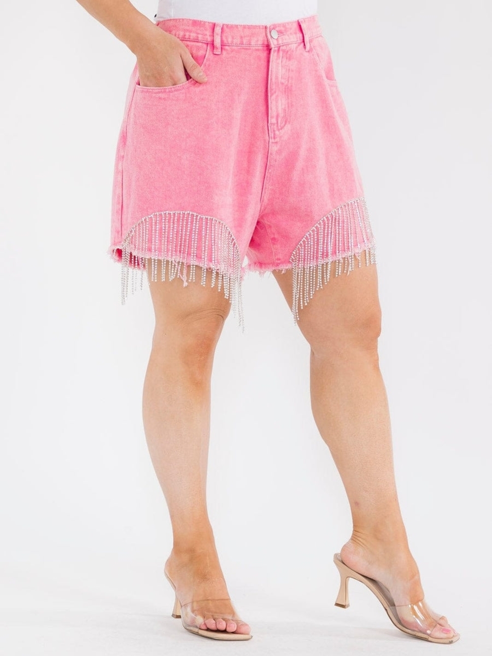 Savanna Jane Pink Crystal Fringe High-Waist Shorts